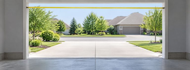 A yellow tape measure stretched across the top of a wide, empty garage door opening, looking out to a concrete driveway and a quiet street